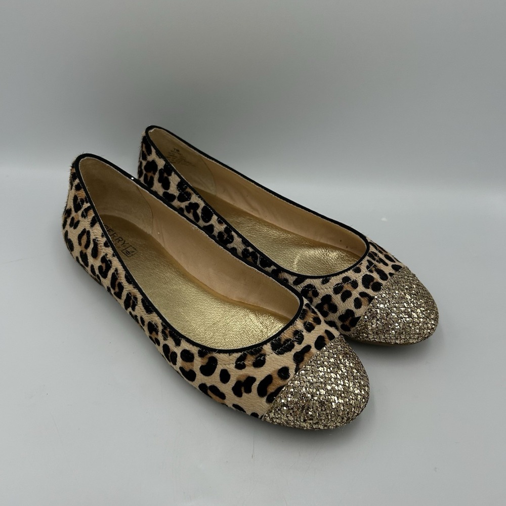 Sperry Top Sider Ballet Flats 7M Leopard Print Leather Glitter Cap Toe